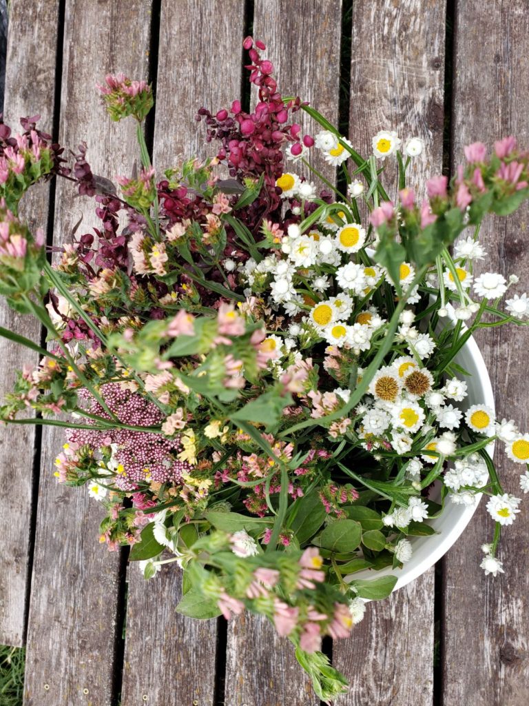 bucket of flowers for drying