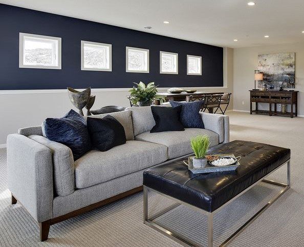 Living room shot with a gray couch and navy blue accent wall.