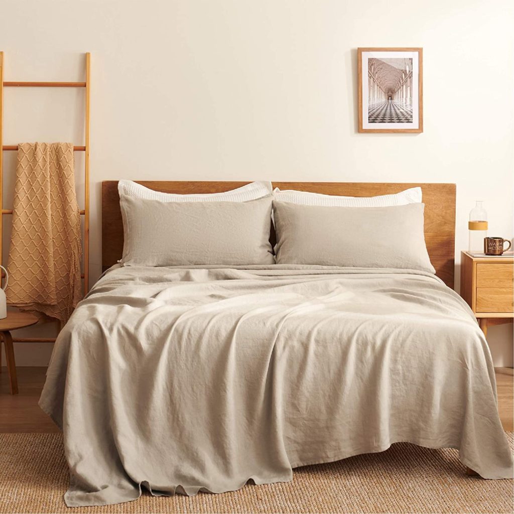 Natural linen sheets on a bed.