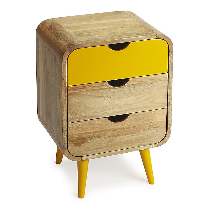 Wood end table with a bright yellow drawer.