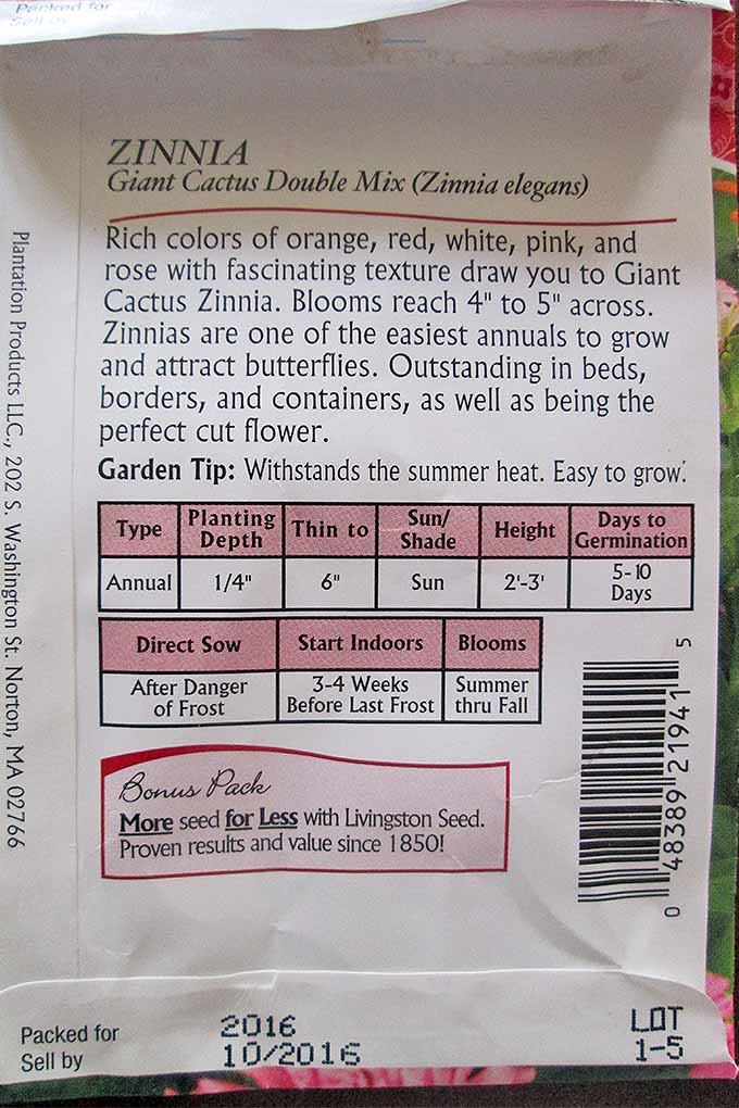 Information on the back of the seed packet