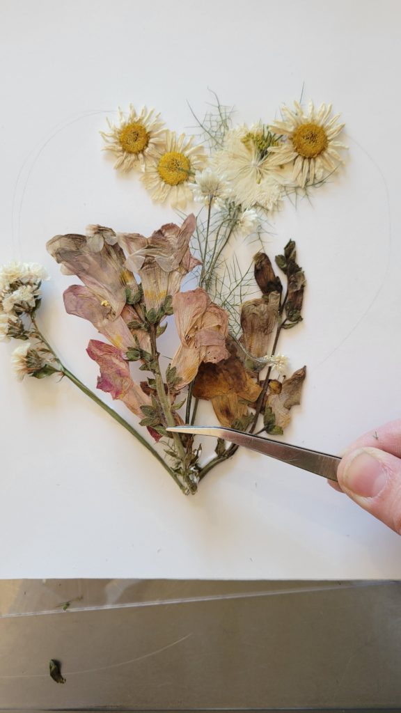 using tweezers to place pressed flowers
