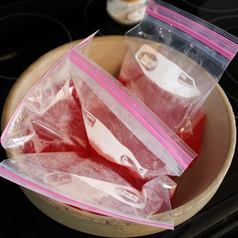 Bags of rhubarb concentrate