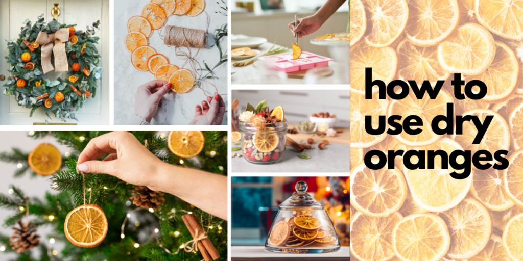 Pictures on how to use dried oranges. Christmas ornaments, dried oranges in jars, dried orange garland.