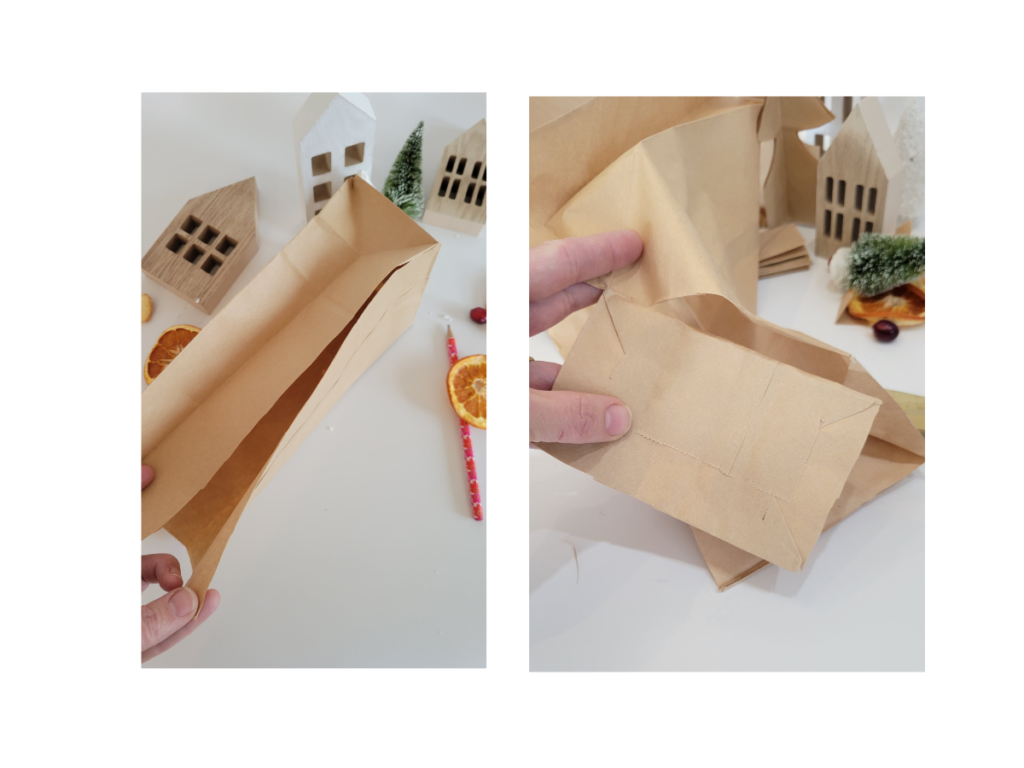 Cutting a paper bag craft. 