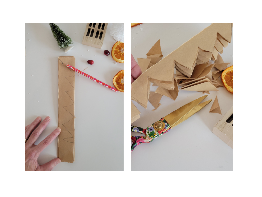 Using a paper bag for a Christmas tree craft.