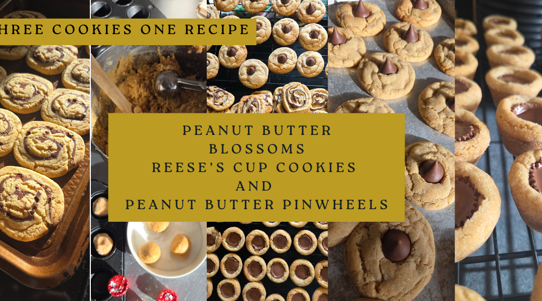 peanut butter blossom recipe: hershey kiss cookies: reeses cup cookies: peanut butter pinwheels / three recipes in one